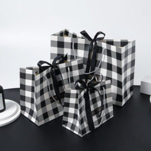 Black and White Checkered Gift Bag with Black Ribbon