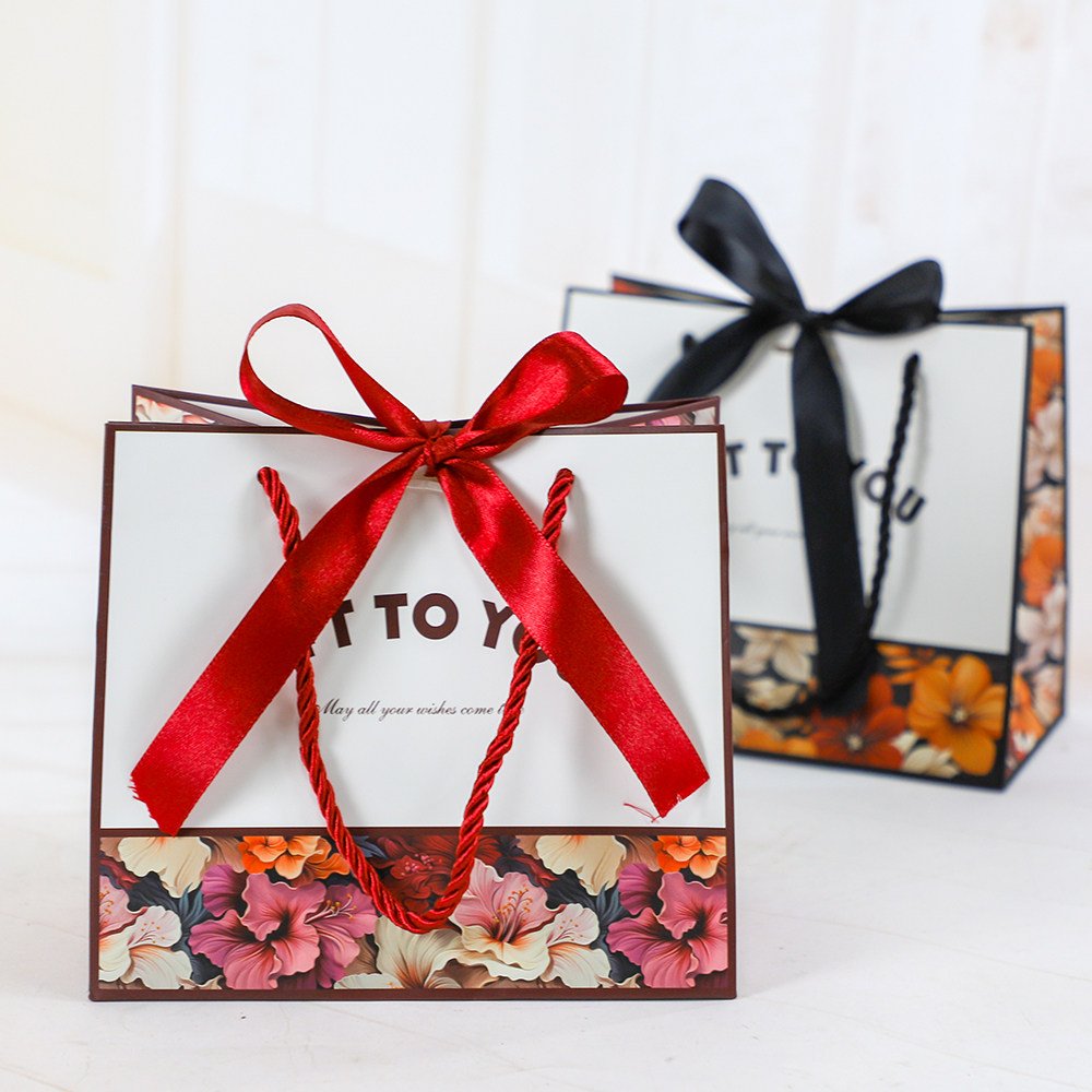 Black Flower Gift Bag with Ribbon - Image 2
