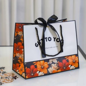 Black Flower Gift Bag with Ribbon