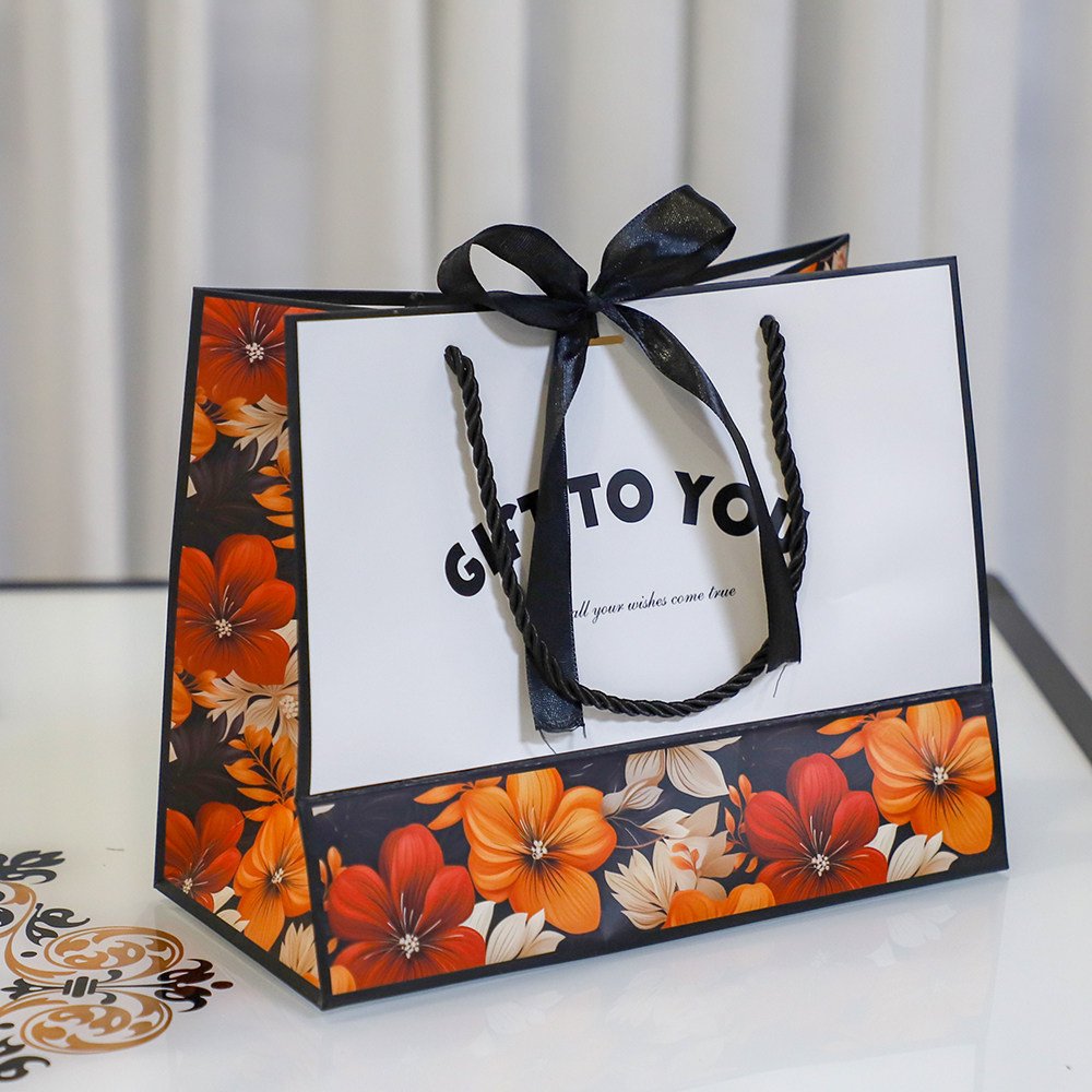 Black Flower Gift Bag with Ribbon - Image 3