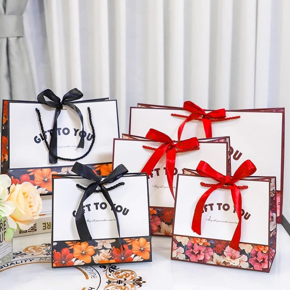 Red Flower Gift Bag with Ribbon - Image 2