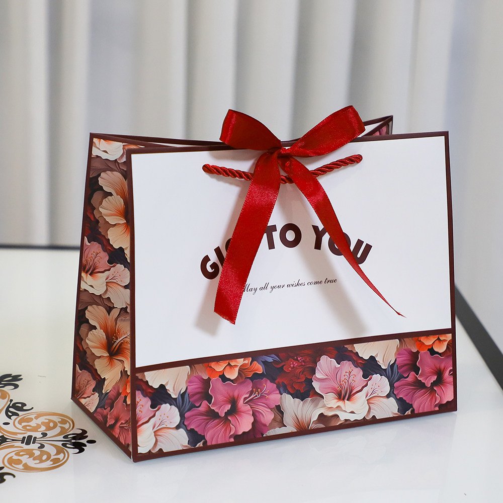 Red Flower Gift Bag with Ribbon - Image 3