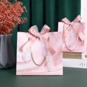 Pink Marble Theme Gift Bag with Ribbon